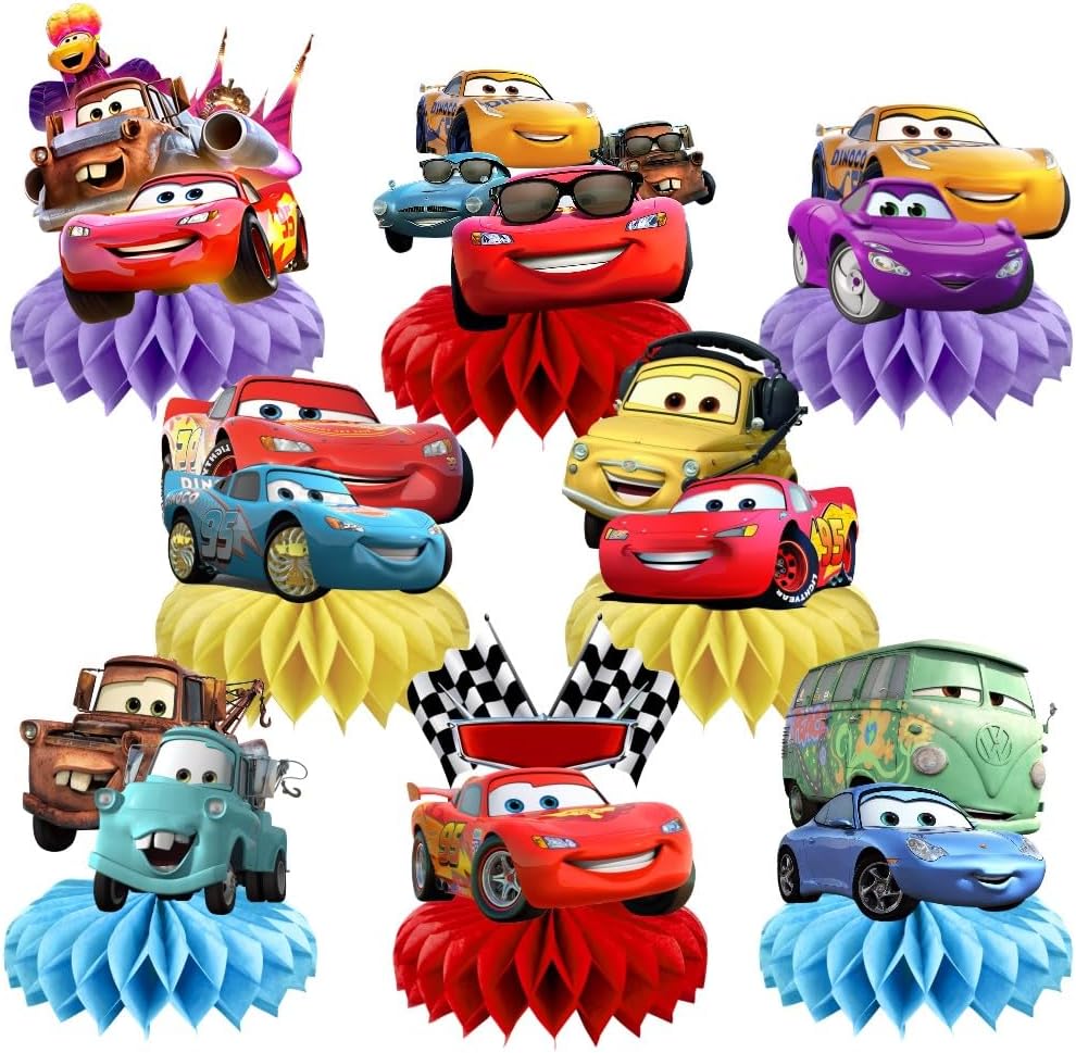 Lighting Mcqueen Decor - 자동차 라이트닝 허니콤 센터피스, 8개 레이싱카