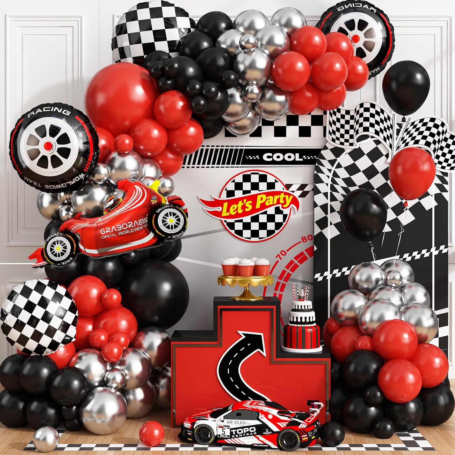 레이싱카 체크무늬 휠 레드 블랙 실버 풍선 가랜드 아치 - Lighting Mcqueen Birthday Decor 리뷰 및 가격