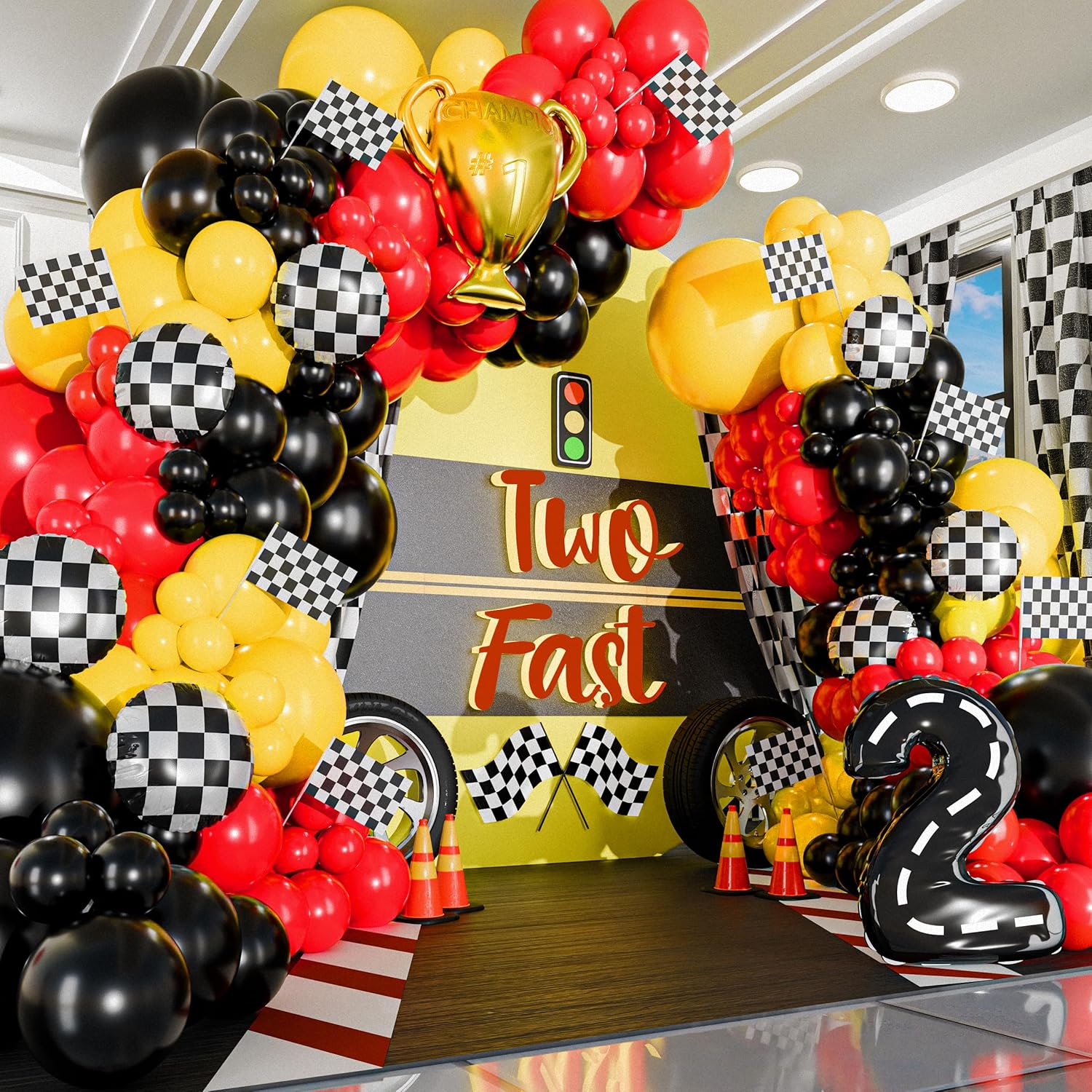 98 조각 노란색과 검정색 올인원 자동차 테마 풍선 화 - Lighting Mcqueen Birthday Decor 리뷰 및 가격
