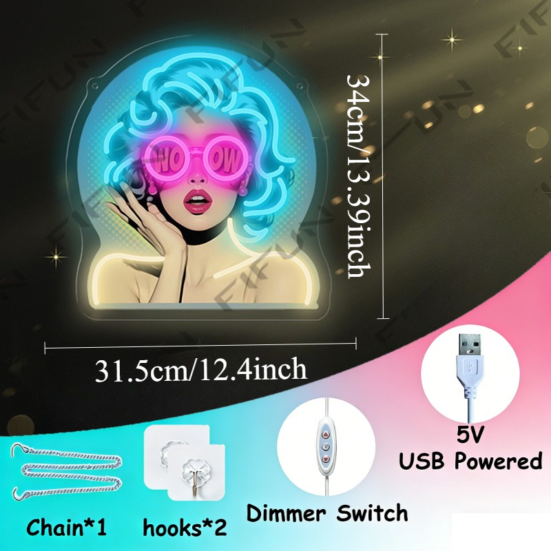 와우 컬 걸 네온사인 UV 프린팅 벽 장식, USB 전 - Lighting Decor Wow 리뷰 및 가격